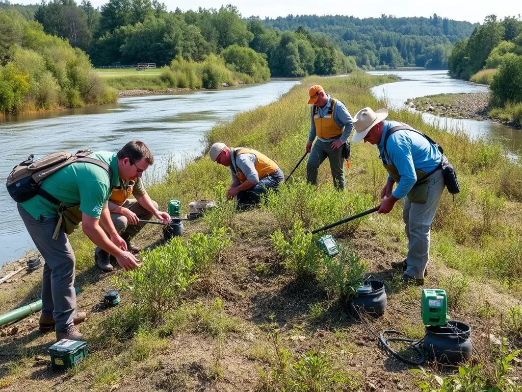 A team of environmental experts conducting habitat restoration work along a riverbank, with native plants and monitoring equipment visible.
