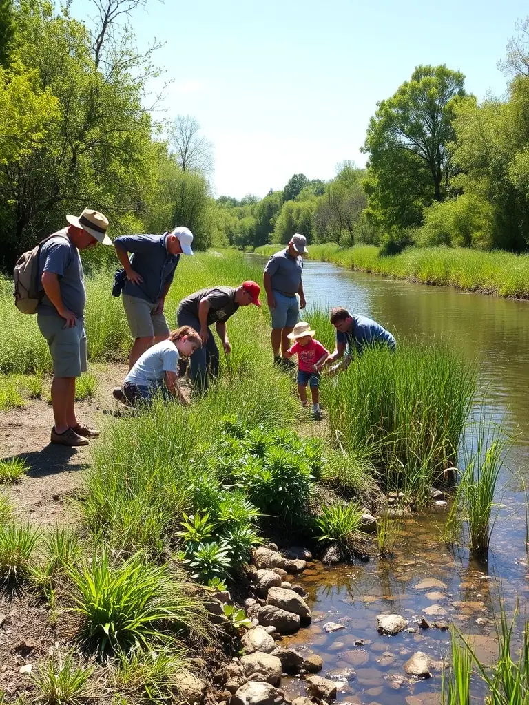 A photograph depicting volunteers planting native vegetation along a riverbank as part of a habitat restoration project, showcasing community involvement and ecological improvement.
