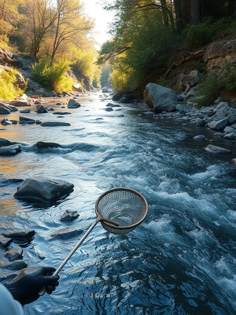 A photo showing a scientist collecting water samples from a local river to monitor water quality, emphasizing the importance of scientific data in environmental protection.