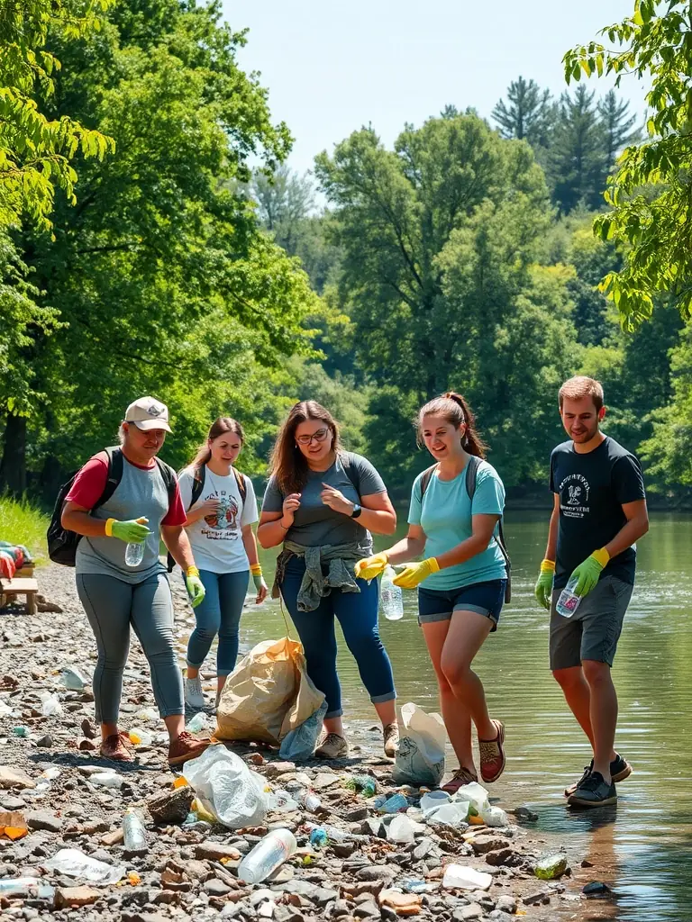 A picture of a community cleanup event along a river, highlighting the association's dedication to preserving the natural beauty of local waterways.