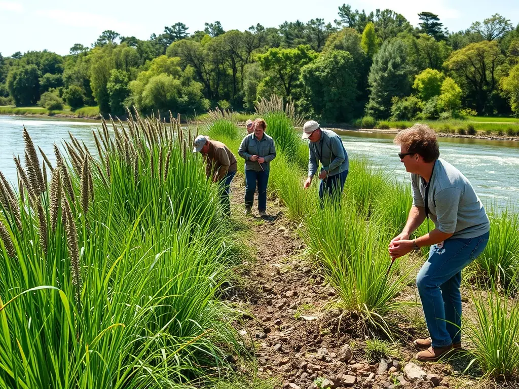 A scenic view of a river restoration project, showcasing volunteers planting native vegetation along the riverbank to stabilize the soil and improve water quality.