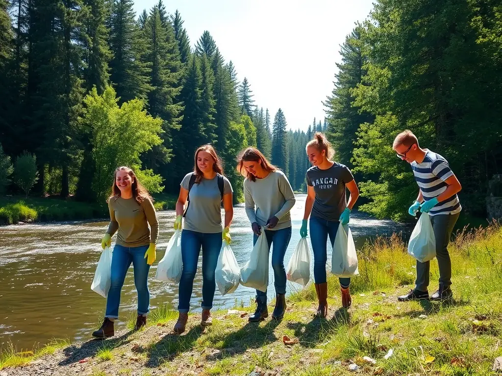 A volunteer group collecting trash and debris from a riverbank, showcasing community involvement in maintaining clean aquatic environments.