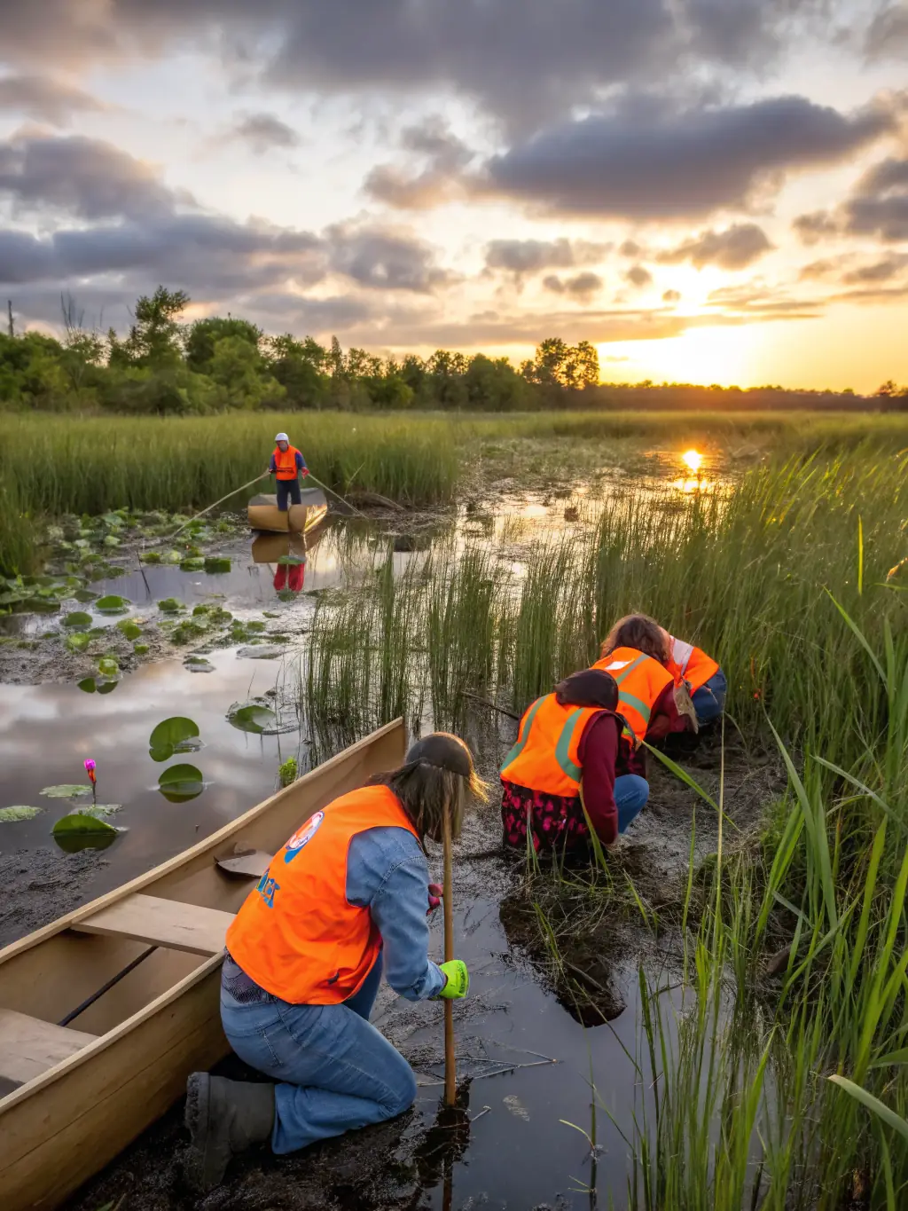 A picture of a team removing invasive species from a wetland area, demonstrating the active management of aquatic ecosystems to protect native species.