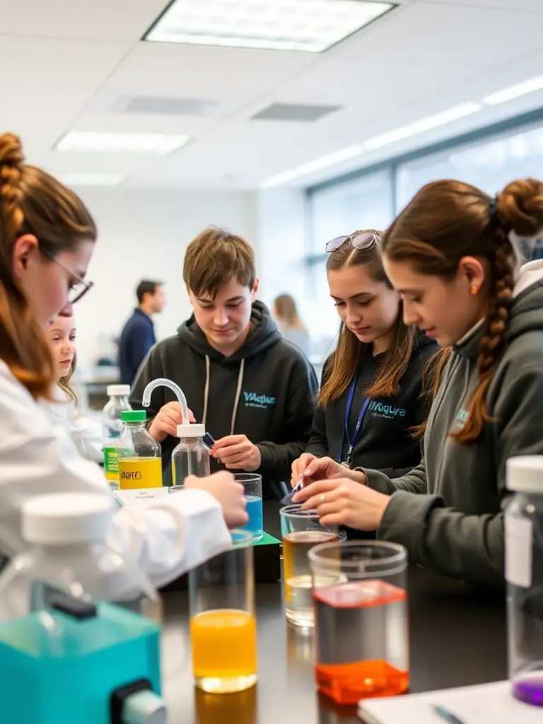A photo of a group of students participating in a water quality testing workshop led by association members, emphasizing hands-on environmental education.