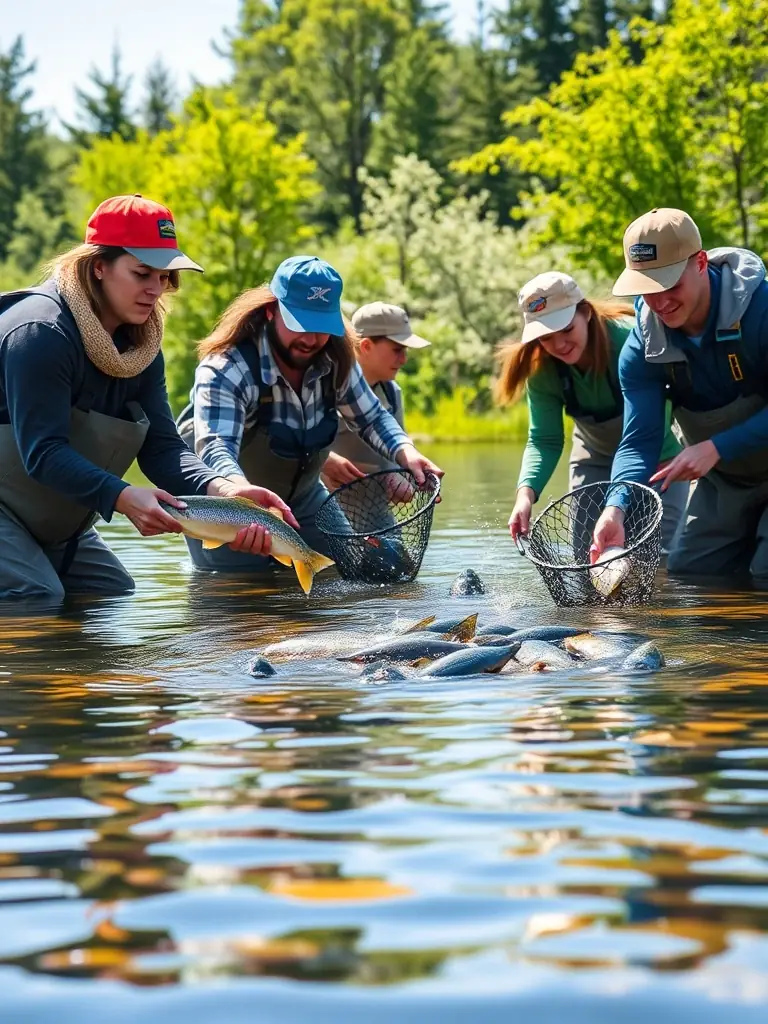 A photograph of volunteers releasing juvenile fish into a river, showcasing the association's efforts in restocking fish populations and enhancing biodiversity.