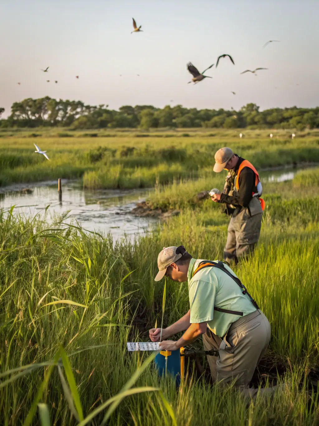 A picture of association members conducting a survey of aquatic plant life in a local lake, highlighting their monitoring and conservation efforts.