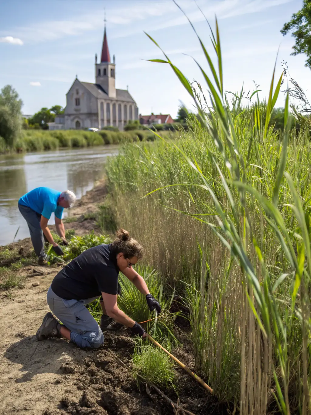 A photograph capturing volunteers planting native vegetation along a riverbank, showcasing the association's commitment to habitat restoration and ecological balance.