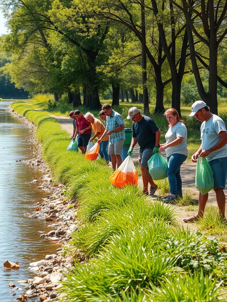 An image of association members cleaning up debris from a riverbank, illustrating their commitment to maintaining clean and healthy aquatic habitats.