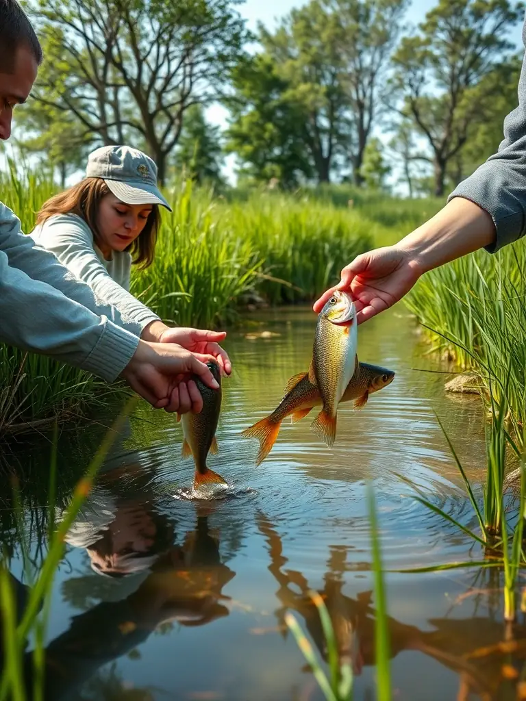 An image of association members releasing juvenile fish into a local stream, illustrating the association's active role in fish population management and conservation.